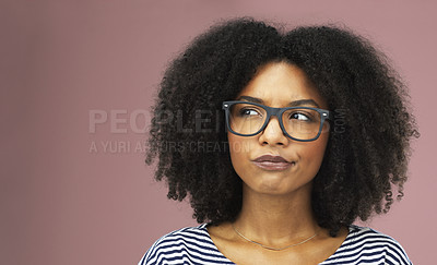 Buy stock photo Thinking, confused and woman with glasses in studio for solution, planning or asking gesture on pink background. Why, doubt and curious girl model with how to, questions or idea for problem solving