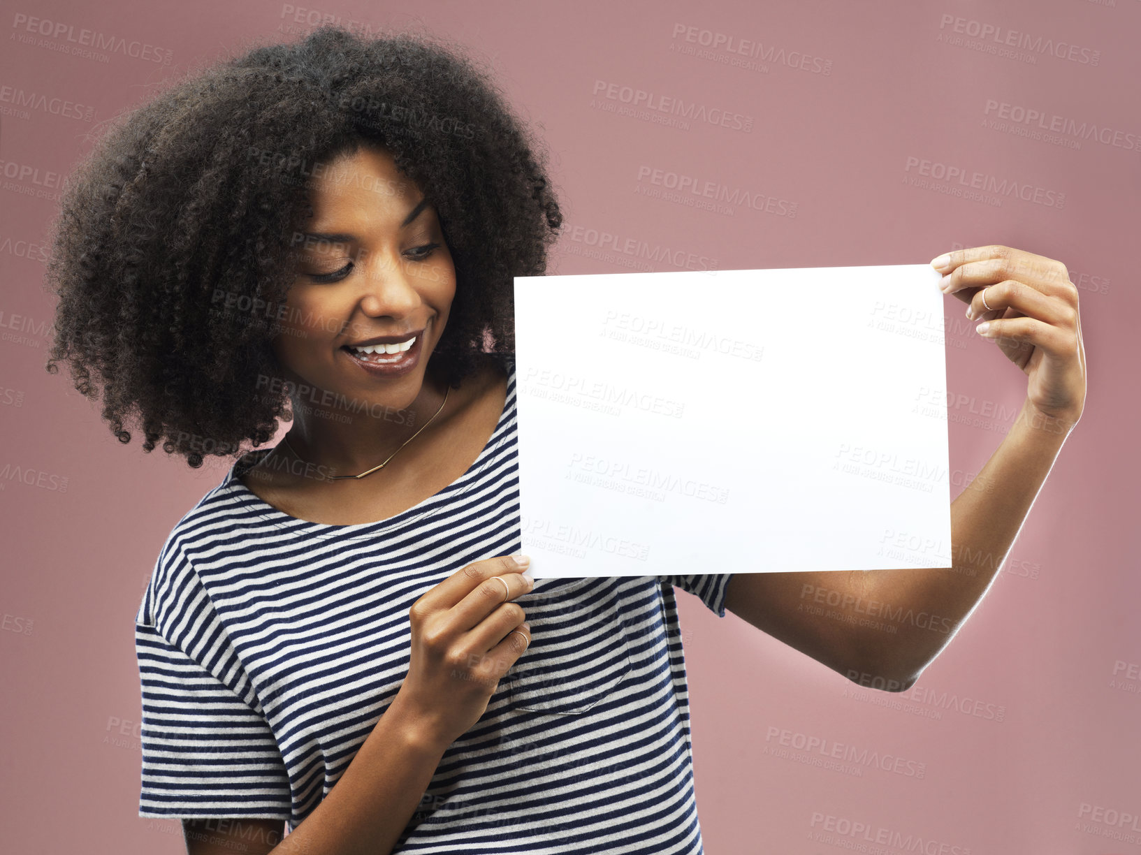 Buy stock photo Mockup, smile and woman with poster in studio for advertising, design and board for marketing. Female person, happy and paper placard for promotion, announcement and information on pink background