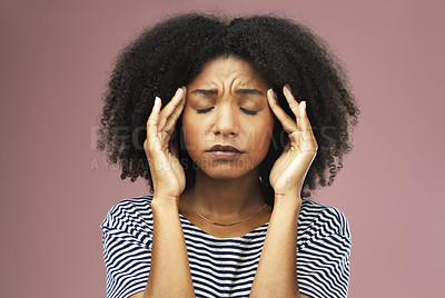 Buy stock photo Black woman, studio and headache with stress for career, virtual assistant with administration tasks. Female secretary, burnout or pink background for job with digital calendar, pain with tele health