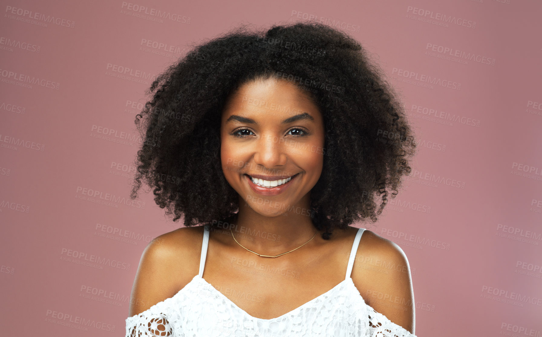 Buy stock photo Afro, haircare and portrait of black woman, studio and smile for hairstyle, growth and texture of hair. Pink background, face and African girl with happiness for treatment in salon and hairdresser