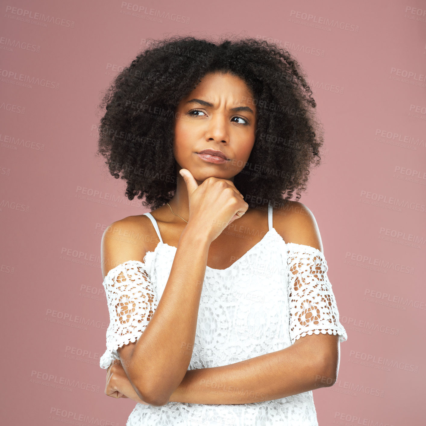 Buy stock photo Thinking, black woman and wondering or confused in studio with question, doubt and decision by problem solving for solution. African, female person and thoughtful with choice on pink background