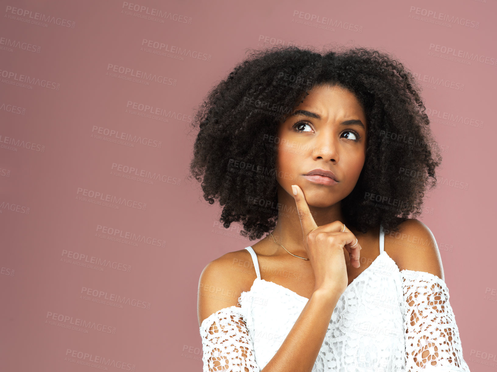 Buy stock photo Thinking, black woman and ideas for confused in studio with question, doubt and decision by problem solving for solution. African, female person and thoughtful with choice on pink background