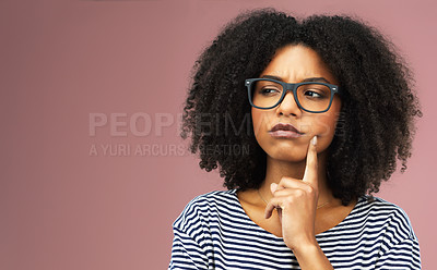 Buy stock photo Thinking, confused and girl with glasses in studio for solution, planning or asking gesture on pink background. Why, doubt and curious woman model with how to, questions or idea for problem solving