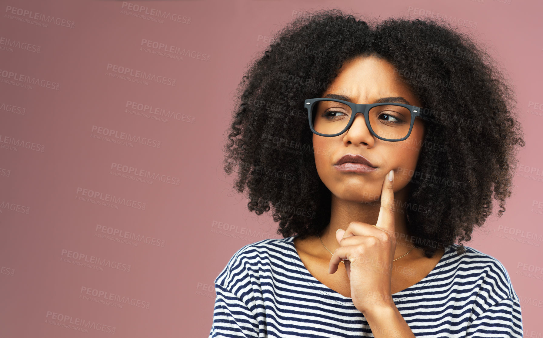 Buy stock photo Thinking, confused and girl with glasses in studio for solution, planning or asking gesture on pink background. Why, doubt and curious woman model with how to, questions or idea for problem solving