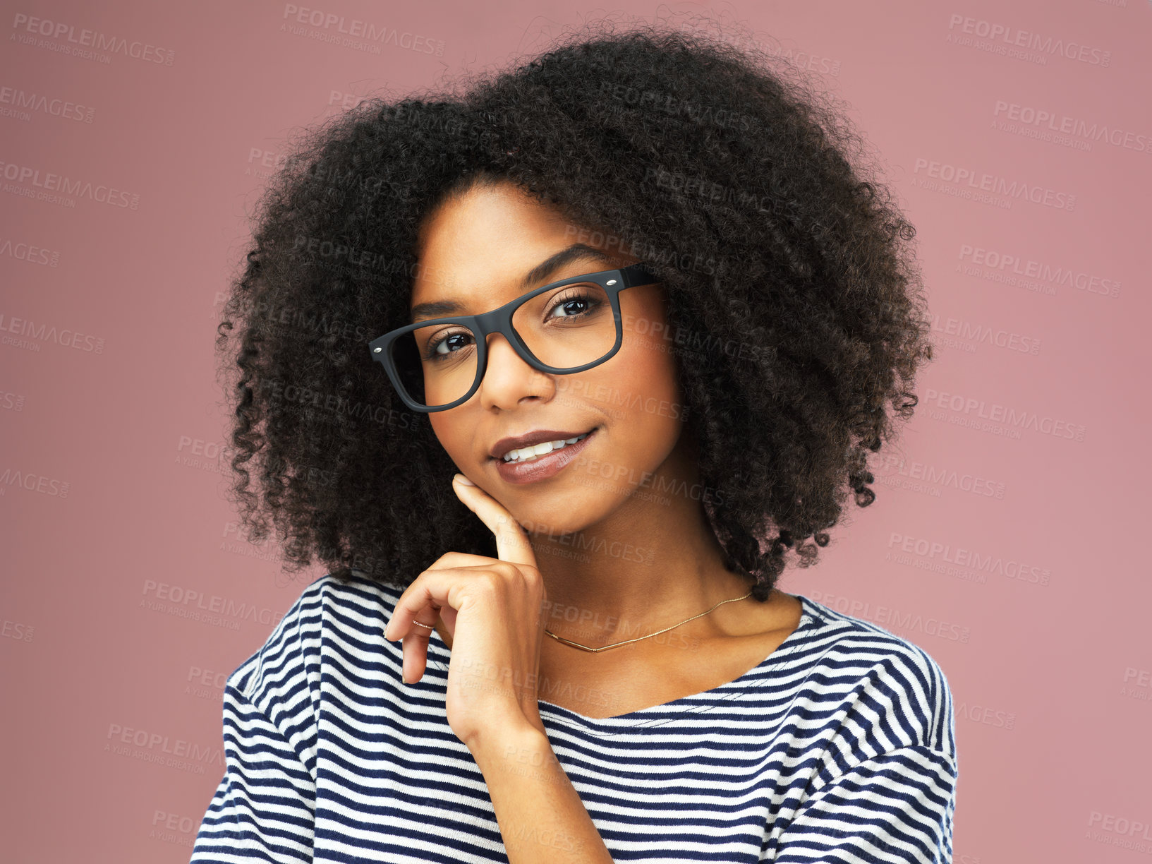 Buy stock photo Glasses, thinking and portrait of black woman with vision, idea or planning isolated on pink studio background. Eyewear, face and dream of future decision, choice or brainstorming to remember memory