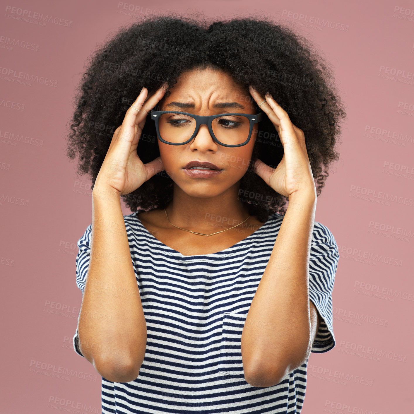 Buy stock photo Stress, headache and woman with glasses in studio overwhelmed by blurred vision, vertigo or crisis on pink background. Anxiety, fail and girl model frustrated, sad or overthinking, mistake or trauma