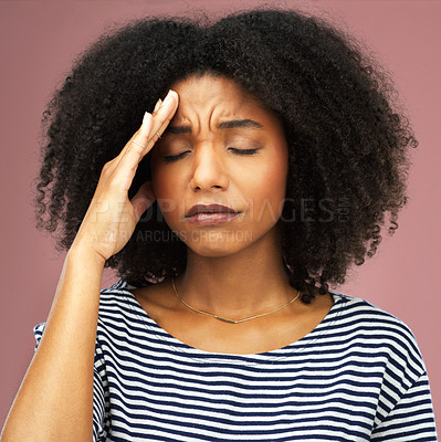 Buy stock photo Stress, headache and sad woman in studio overwhelmed by mistake, pressure or conflict trauma on pink background. Migraine, face and girl model with emoji crisis fail, vertigo or broken heart disaster