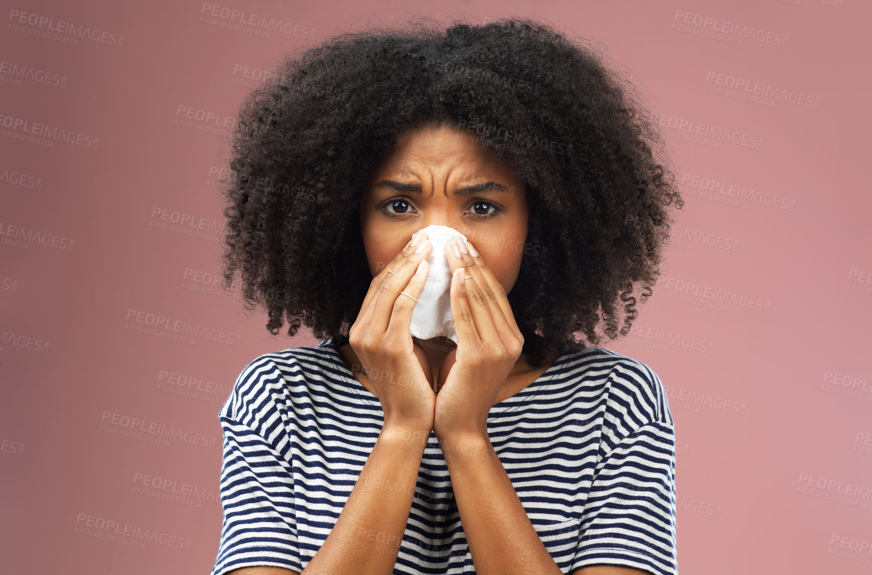 Buy stock photo Portrait, tissue and sick girl in studio blowing nose for allergies, flu or covid emergency on pink background. Sneeze, paper and face of gen z model with bacteria risk, bug or influenza disaster