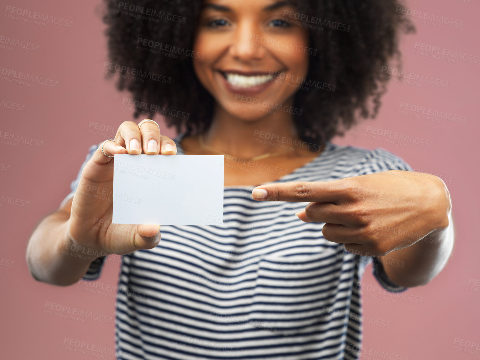 Buy stock photo Black woman, board and pointing in studio for card for business advertising, promotion and creative identity for showcase. Girl, happy and isolated with mock up on billboard for information or news.