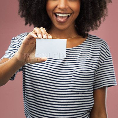 Buy stock photo Black woman, hands and board in studio with card for business advertising, promotion and creative identity for showcase. Girl, happy and isolated with mock up on billboard for information or news.