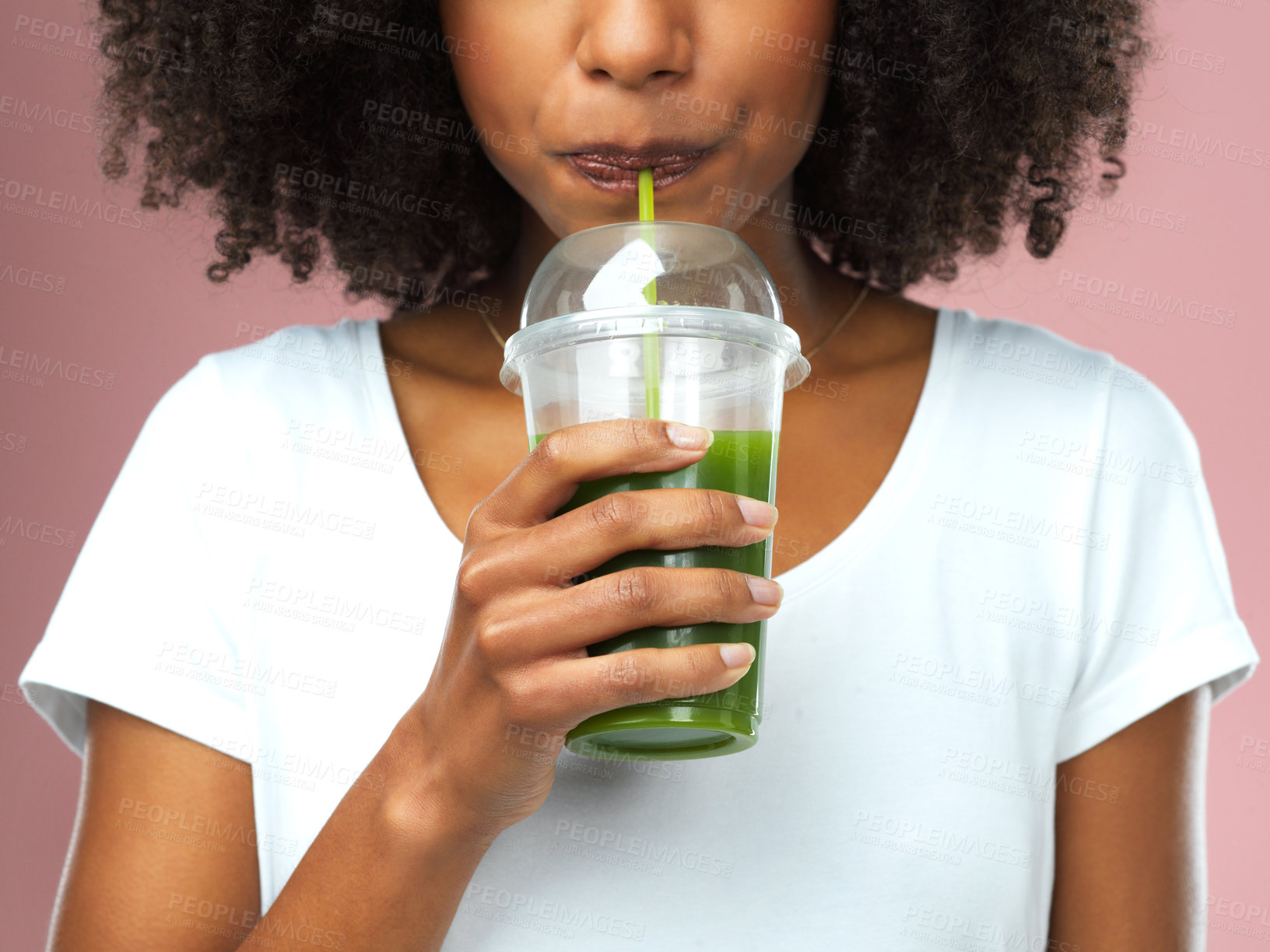 Buy stock photo Mouth, health and woman drinking green juice for detox, nutrition or wellness vegan diet. Breakfast, weight loss and female person enjoying organic smoothie for vitamins isolated by studio background