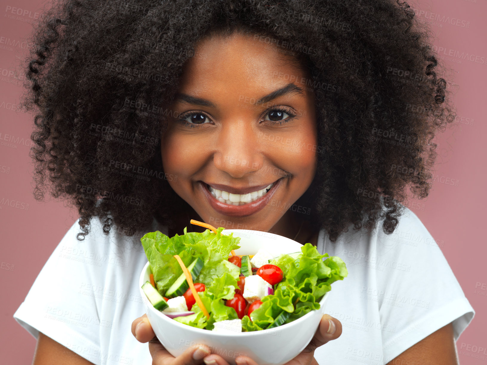 Buy stock photo Smile, portrait and woman with bowl of salad for wellness, fresh and detox lunch meal with vegetables. Happy, energy and female person with nutrition, vegan and organic diet food by studio background