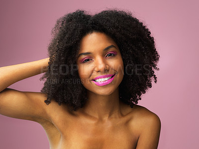 Buy stock photo Face, hair care and happy black woman with makeup in studio isolated on a pink background with eyeshadow. Hairstyle portrait, lipstick cosmetics and African female model with salon treatment for afro