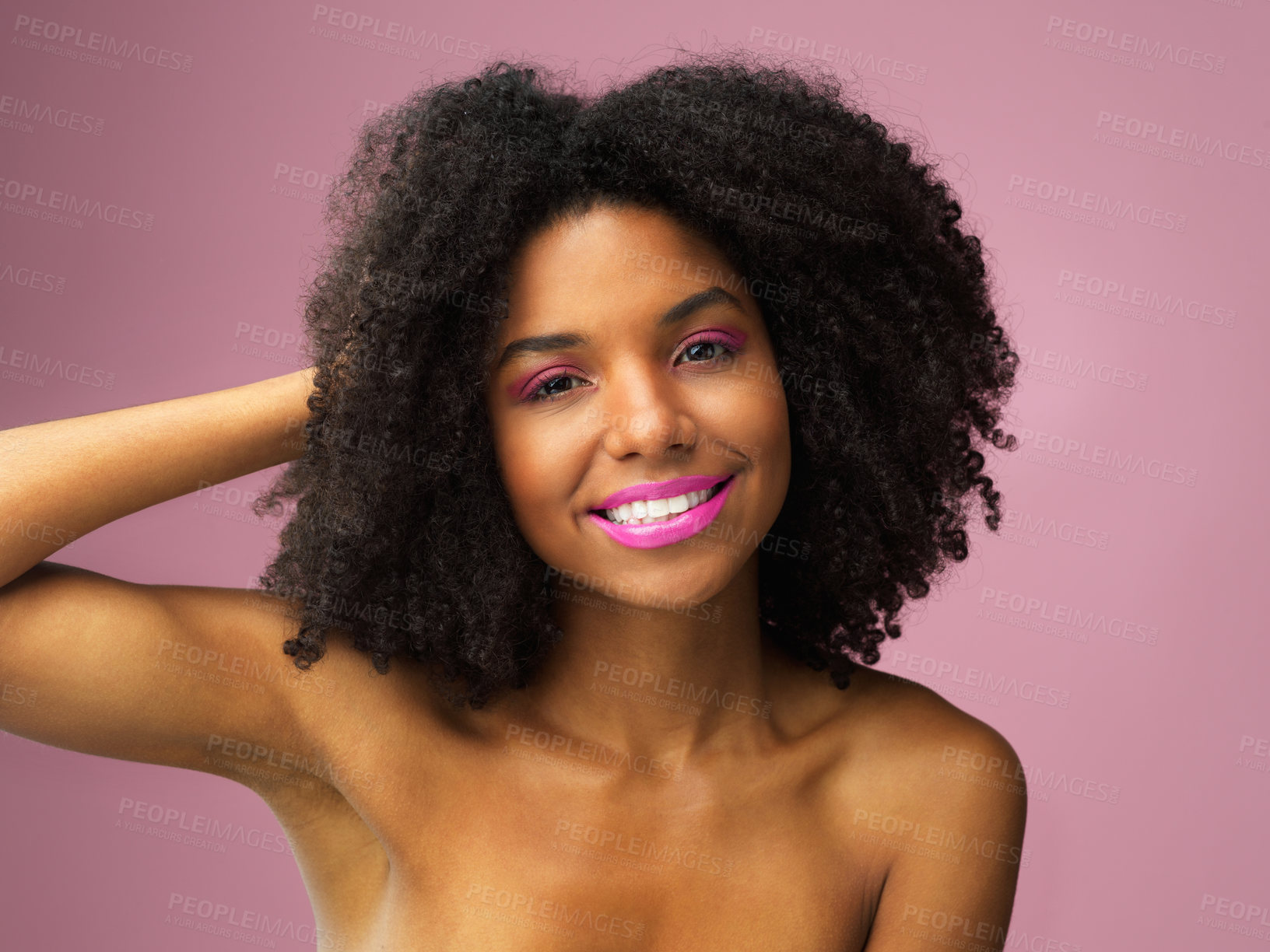 Buy stock photo Face, hair care and happy black woman with makeup in studio isolated on a pink background with eyeshadow. Hairstyle portrait, lipstick cosmetics and African female model with salon treatment for afro