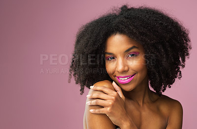 Buy stock photo Hair care, face and smile of black woman with makeup in studio isolated on a pink background mockup for skincare. Hairstyle portrait, cosmetics and African female model with salon treatment for afro.