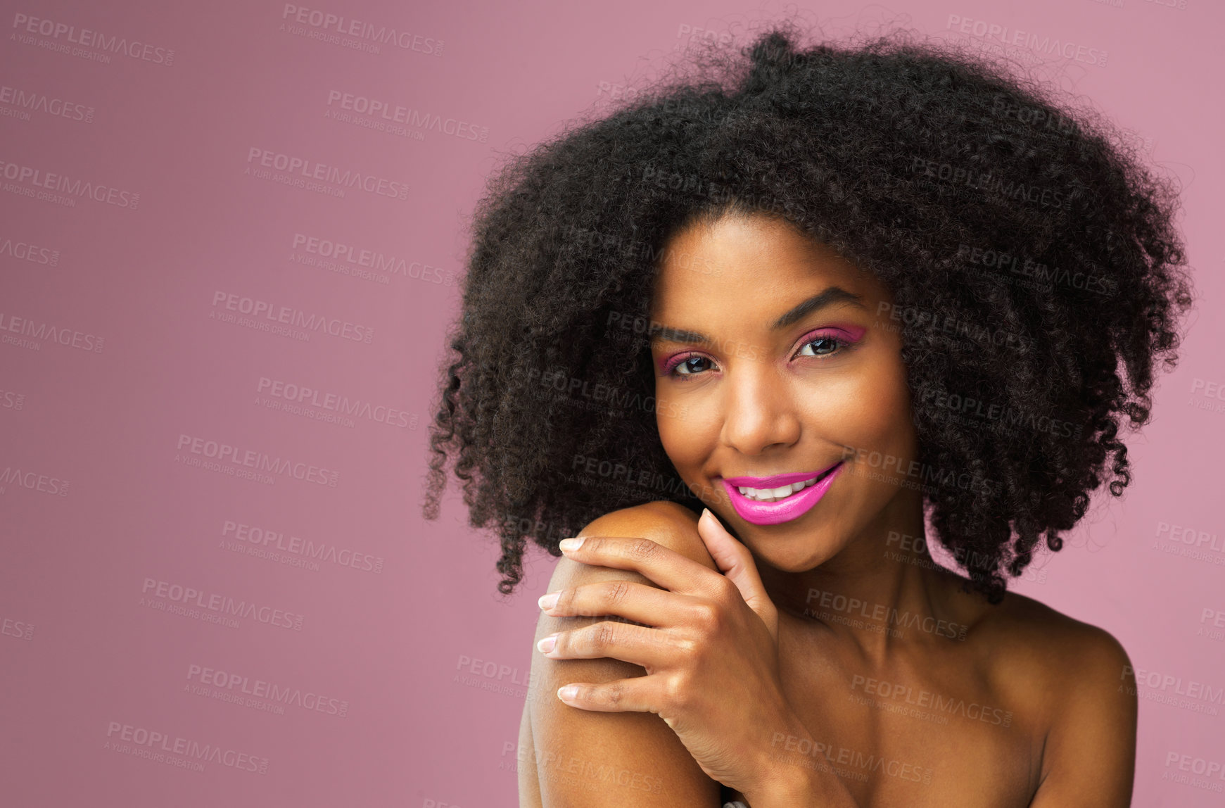 Buy stock photo Hair care, face and smile of black woman with makeup in studio isolated on a pink background mockup for skincare. Hairstyle portrait, cosmetics and African female model with salon treatment for afro.