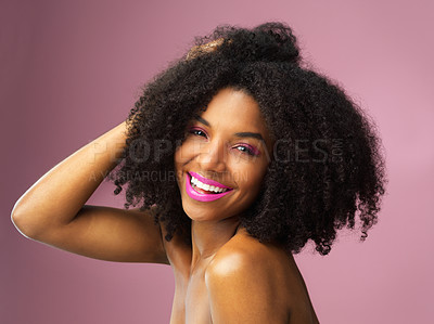 Buy stock photo Hair care, face and smile of black woman with afro in studio isolated on pink background. Hairstyle portrait, makeup cosmetics and funny African female model with salon treatment for beauty lipstick.