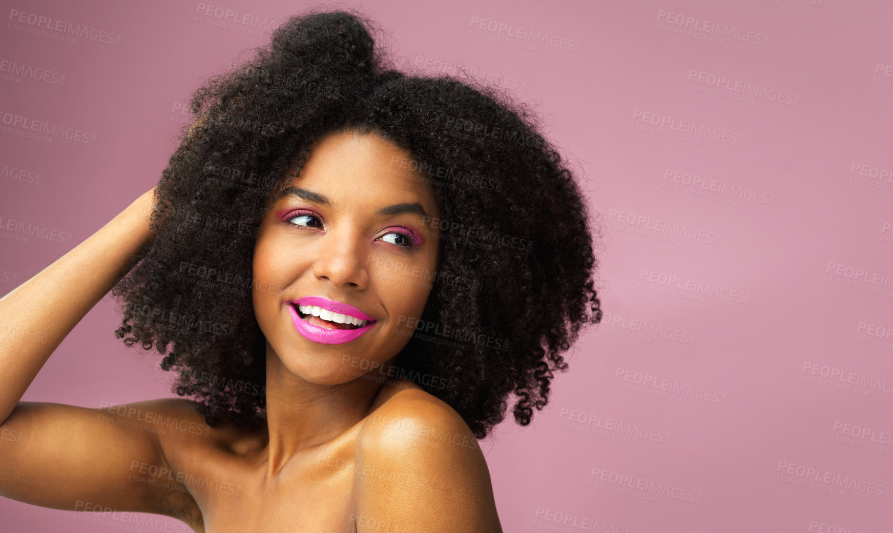 Buy stock photo Girl, smile and hair care in studio with confidence for afro, hairstyle and trendy black person. Woman, happiness and salon on pink background for wellness, shampoo and texture with keratin treatment