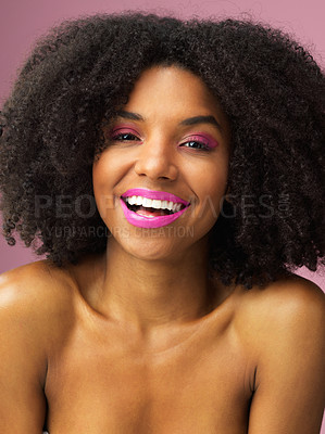 Buy stock photo Face, hair care and funny black woman with makeup in studio isolated on a pink background for skincare. Hairstyle portrait, cosmetics and African female model with salon treatment for afro beauty.