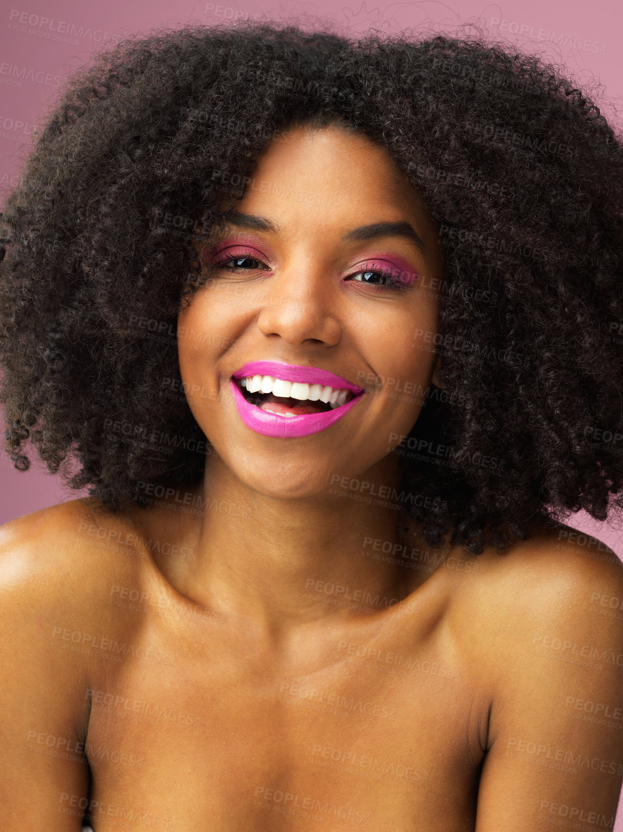 Buy stock photo Face, hair care and funny black woman with makeup in studio isolated on a pink background for skincare. Hairstyle portrait, cosmetics and African female model with salon treatment for afro beauty.