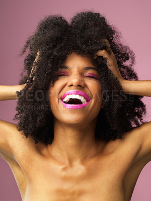 Buy stock photo Girl, smile and hair care in studio with confidence for afro, hairstyle and black trendy person. Woman, happy and body in salon on pink background for wellness, shampoo and texture with treatment