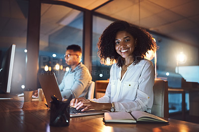 Buy stock photo Night, office and portrait of woman with smile for project report, information and overtime at work. Happy, developer and book with laptop for software development, deadline and open source research