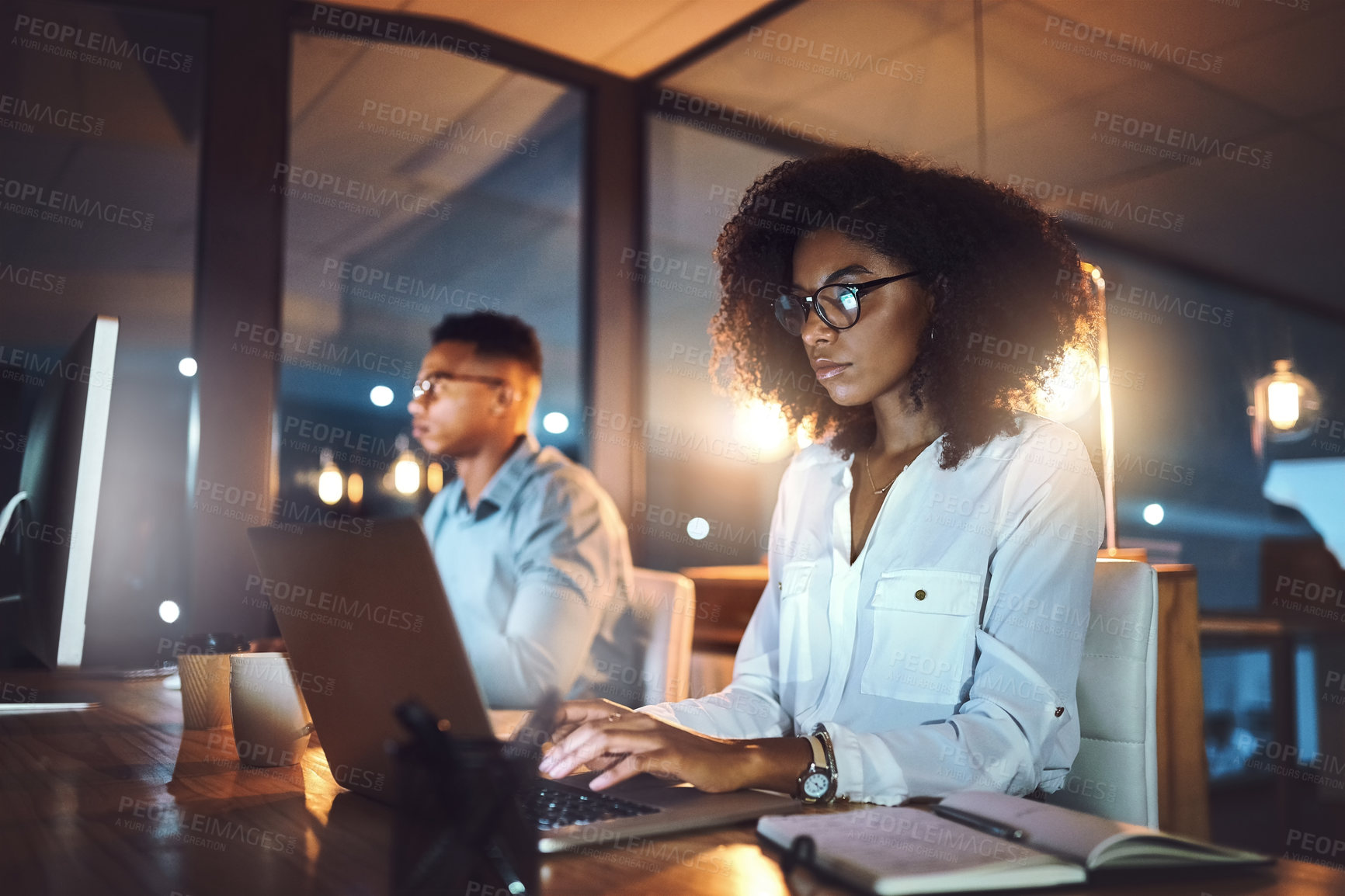 Buy stock photo Late, night and woman with laptop in office for project report, information and reading IT news. Developer, people and notebook with tech for software development, deadline or open source research