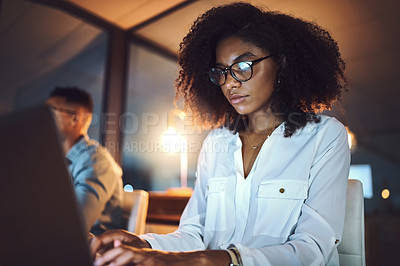 Buy stock photo Night, overtime and woman with laptop in office for project information, review or reading IT news. People, developer and feedback with tech for software development, deadline or open source research