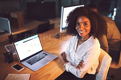 Buy stock photo African woman, portrait and laptop in office for business research, communication and client feedback. Employee, smile and tech in workplace at night for networking, deadline and project approval