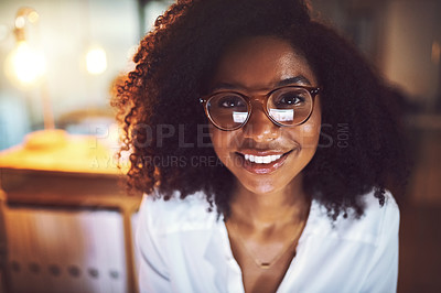 Buy stock photo Happy, portrait and black woman with glasses at night for project deadline, development or improvement at office. Young African, female person or employee working late with smile for job productivity