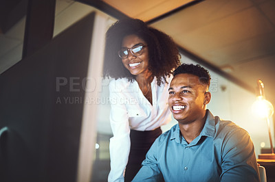 Buy stock photo Happy, computer and business people at night in office for project research, planning and website. Corporate, professional and man and woman on pc for teamwork, collaboration and proposal report