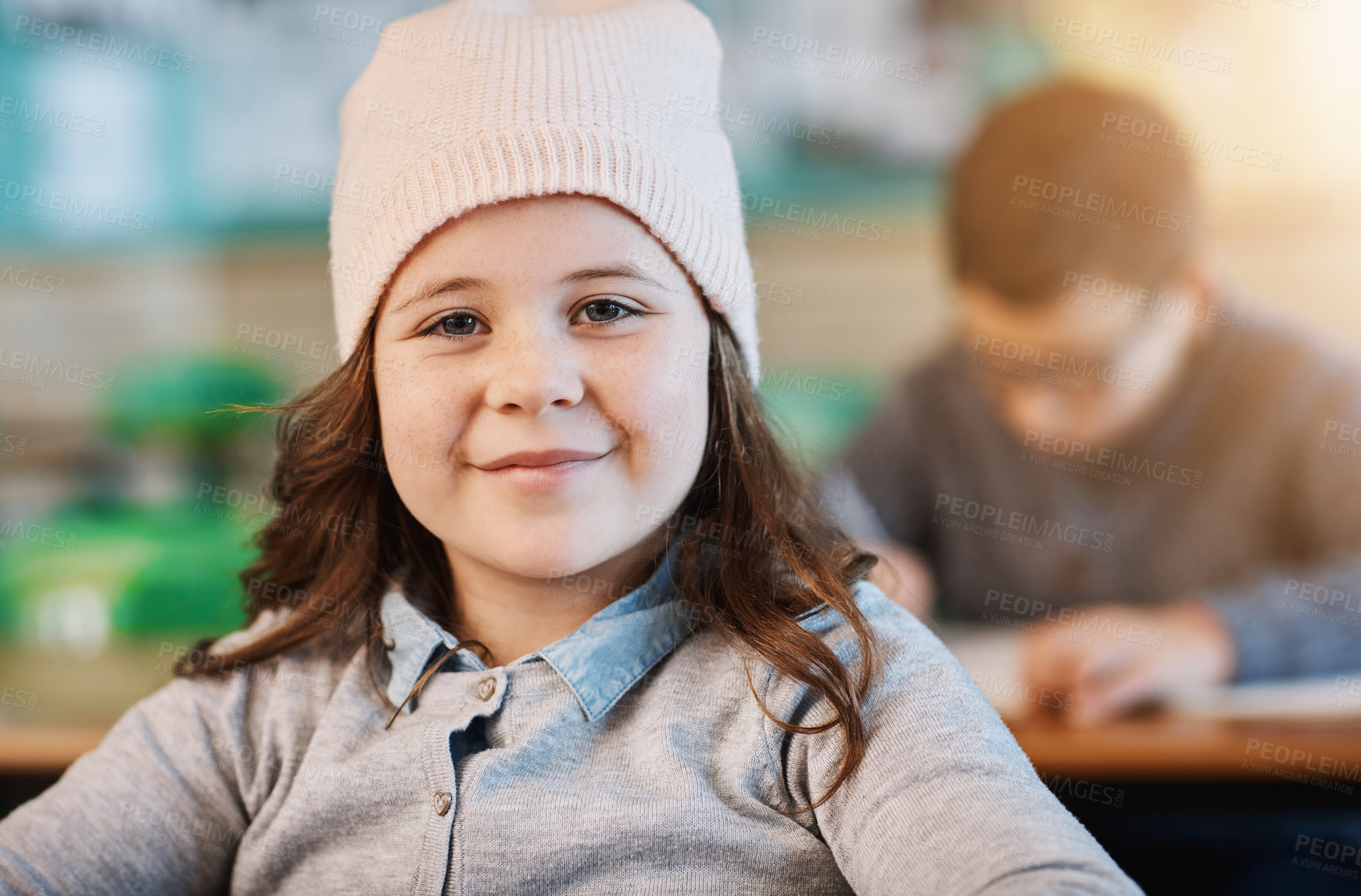 Buy stock photo Classroom, education and portrait of girl with smile for lesson, studying and learning in morning. Little kid, face and happy at school for child development, scholarship and growth in knowledge