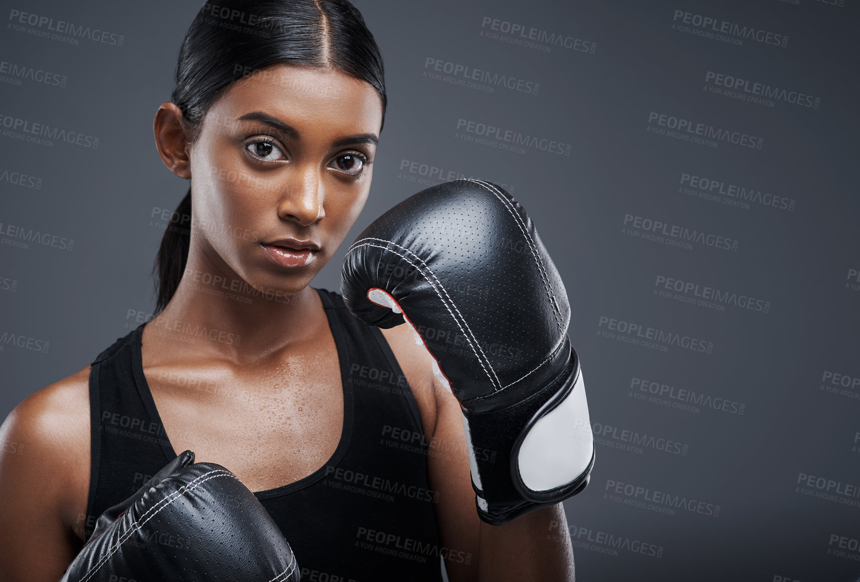 Buy stock photo Portrait, boxing gloves and Indian woman in studio for sports, combat and training for fitness. Self defence, boxer or mma fighter for performance, workout and muay thai and cardio or impact exercise
