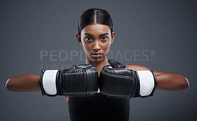Buy stock photo Portrait, gloves and Indian woman with boxer for sports, combat and training for fitness. Self defence, girl or mma fighter for performance, workout and muay thai and cardio or impact exercise