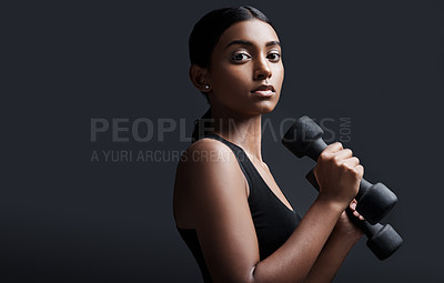 Buy stock photo Woman, portrait and dumbbells in studio for exercise training on black background for wellness, lose weight or mockup space. Female person, face and weightlifting workout or muscle, goal or confident