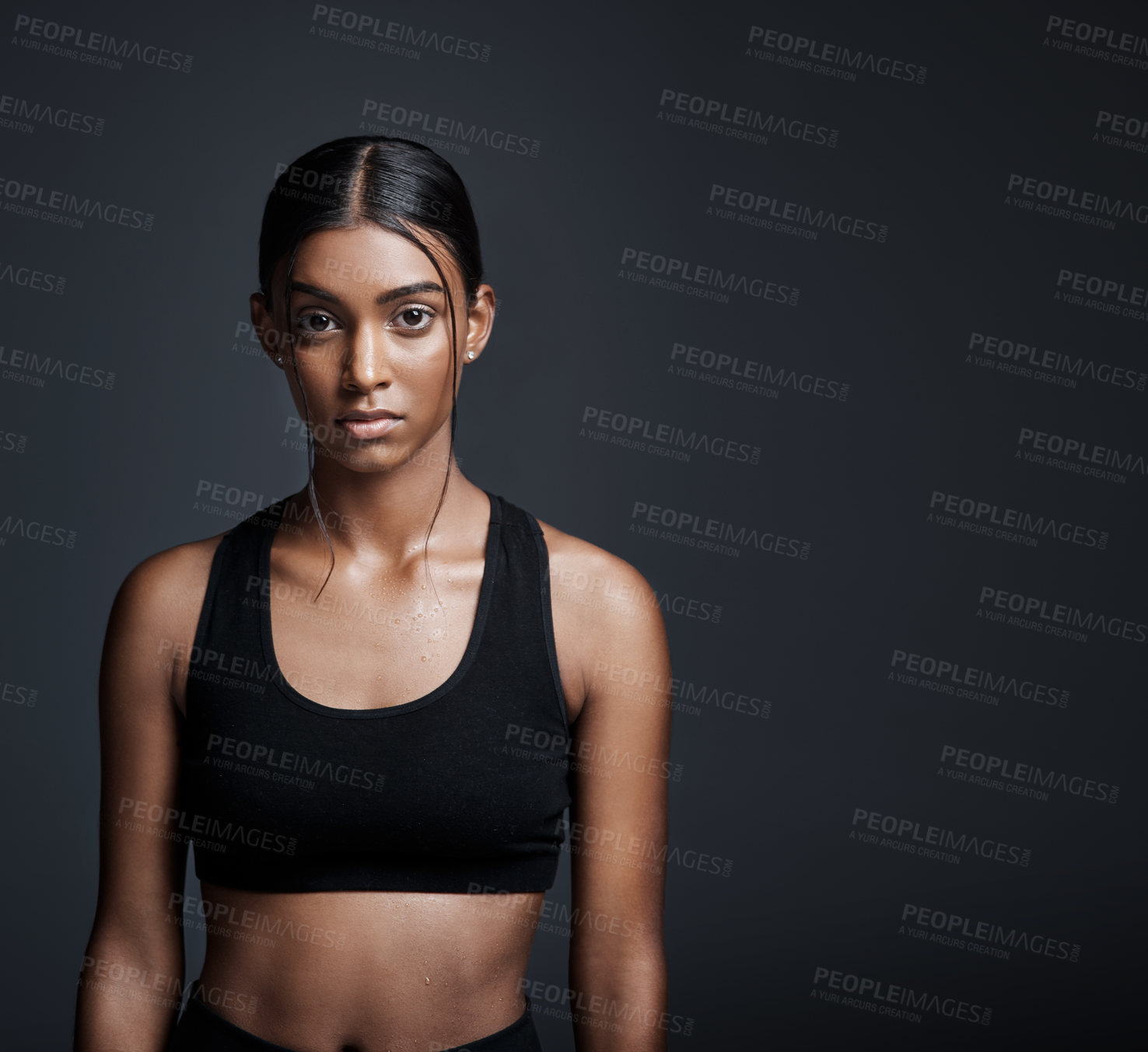 Buy stock photo Portrait, serious and Indian woman with mockup, exercise and workout goal on dark studio background. Face, female person pr athlete with fitness, healthy girl or wellness with progress or development