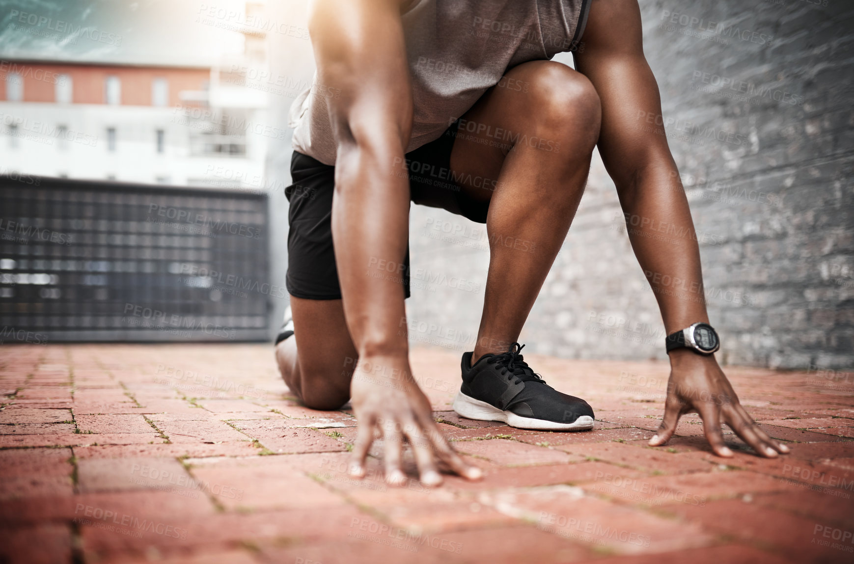 Buy stock photo Fitness, start and black man ready for race, cardio workout or running competition in city. Sports, lens flare and runner athlete in outdoor for sprint exercise, marathon training or speed challenge