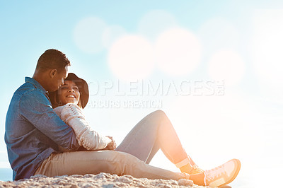 Buy stock photo Shot of a happy young couple enjoying a romantic day outdoor