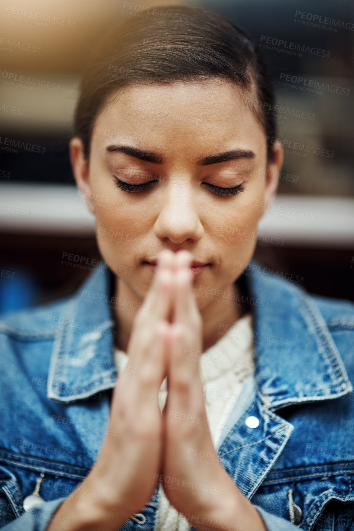 Buy stock photo Woman, praying and spiritual in university for study, worship and college scholarship in library. Student, learning and meditation to God on campus for school project, education and exam or test