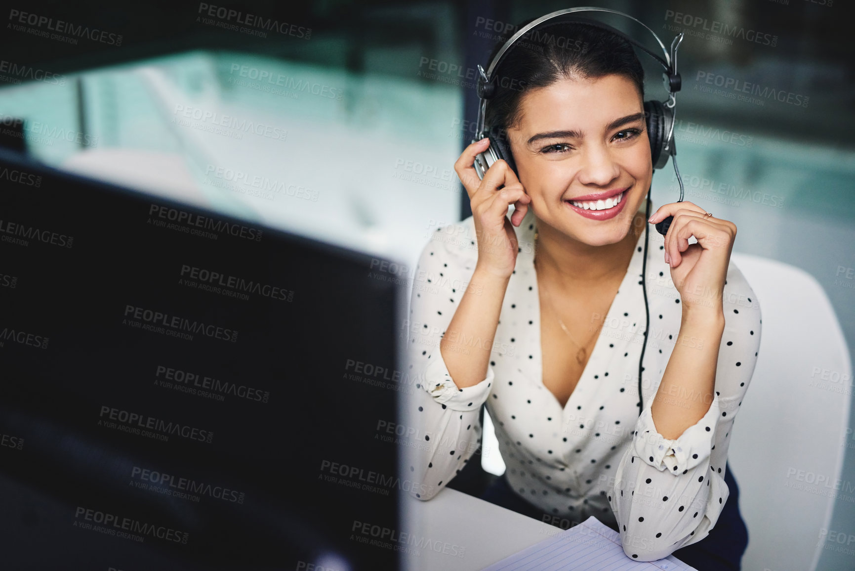 Buy stock photo Night, portrait and woman with headset in call center for customer service, advisory and help to client. Happy, agent and smile with mic by computer for IT support, telecom and system troubleshooting