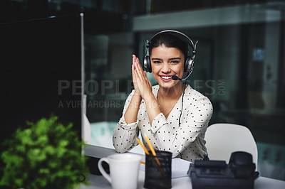 Buy stock photo Cropped portrait of an attractive young businesswoman working late in a call center