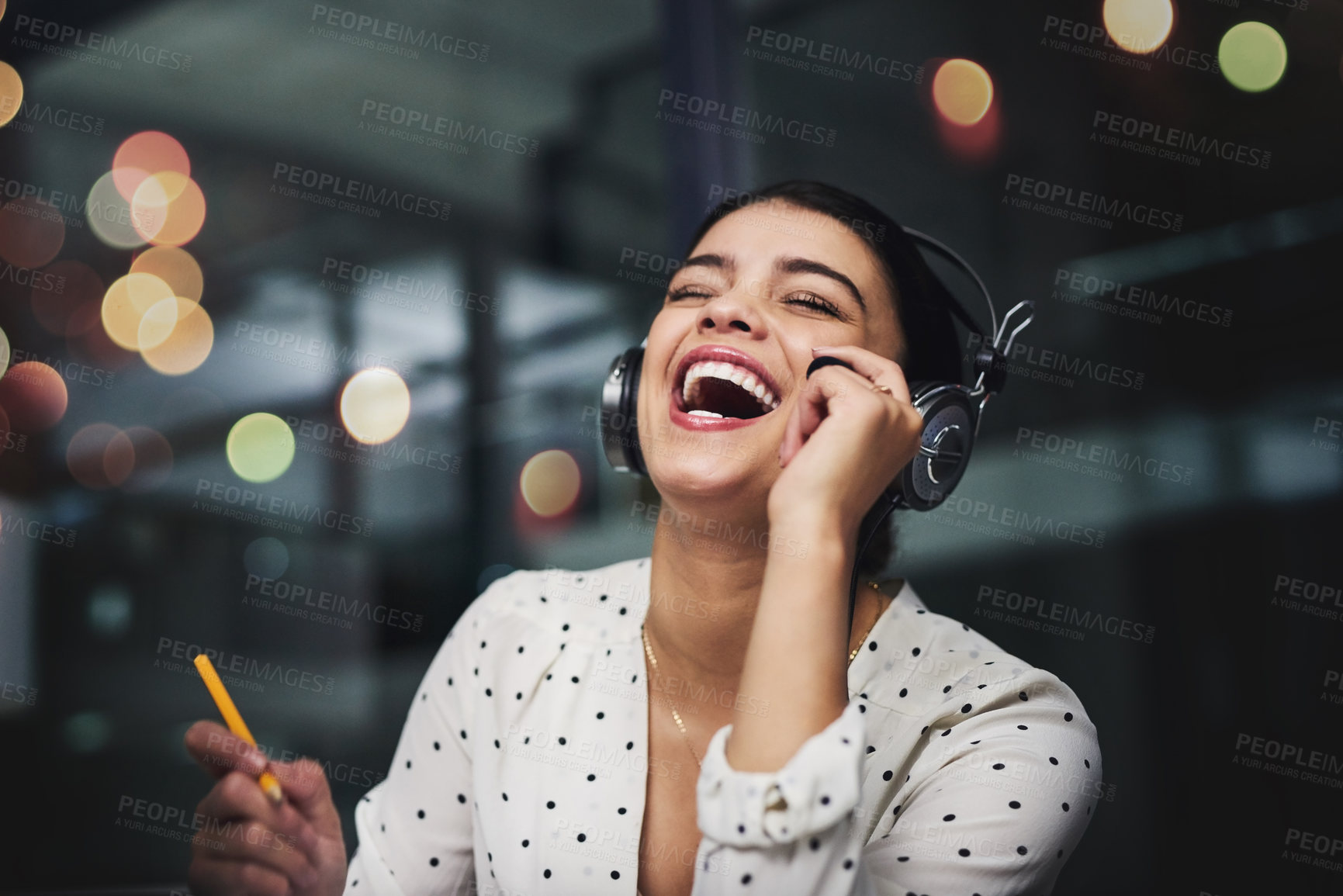 Buy stock photo Night, happy and woman with headset in call center for customer service, consulting and joke to client. Agent, discussion and laughing with mic at work for IT support, solution and good review