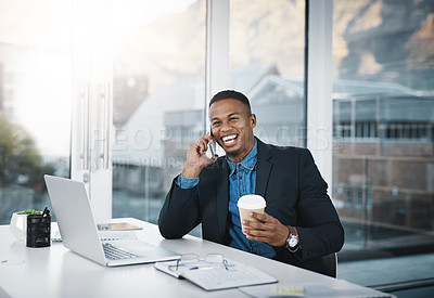 Buy stock photo Businessman, laughing and phone call with coffee for funny joke, discussion or communication at office. Happy black man, accountant or employee smile with mobile smartphone for friendly conversation