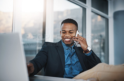 Buy stock photo Businessman, laptop and discussion with phone call in relax for proposal or communication at office desk. Black man, accountant or employee with smile on mobile smartphone for conversation in finance