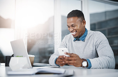 Buy stock photo Businessman, laptop and laugh with cellphone, desk or typing with texting for communication in workplace. Male person, analyst and cheerful with tech in office for online, digital and connection