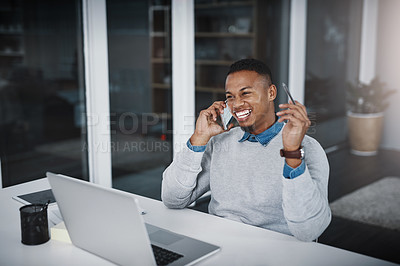 Buy stock photo Businessman, laptop and laughing with phone call for communication, humor or comedy at office. Black man, accountant or employee with smile on mobile smartphone for friendly conversation at workplace