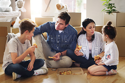 Buy stock photo Parents, children and pizza or moving boxes in new home for unpacking break, fast food or bonding. Mother, father and siblings eating of floor or real estate purchase for mortgage, family or property