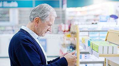 Buy stock photo Senior man, medicine and pharmacy for healthcare, pharmaceutical product or wellness and wellbeing for retirement. Elderly people or customer with medication or pills for purchase, decision or choice