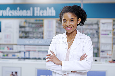 Buy stock photo Happy, arms crossed and portrait of black woman in pharmacy for medical, pills and retail. Medicine. healthcare and trust with pharmacist in drug store for product, wellness and expert advice