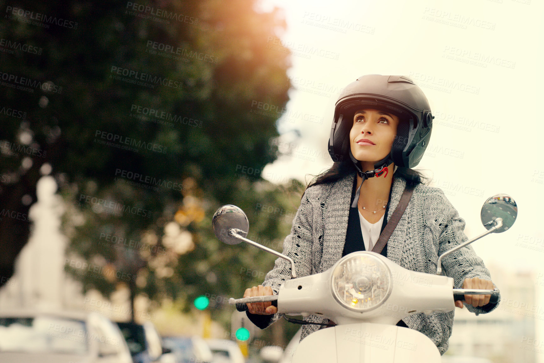 Buy stock photo Woman, motorcycle and transport in city, street and safety with helmet, journey and travel with mock up space. Girl, motorbike and scooter in metro cbd with thinking, vacation and freedom in traffic